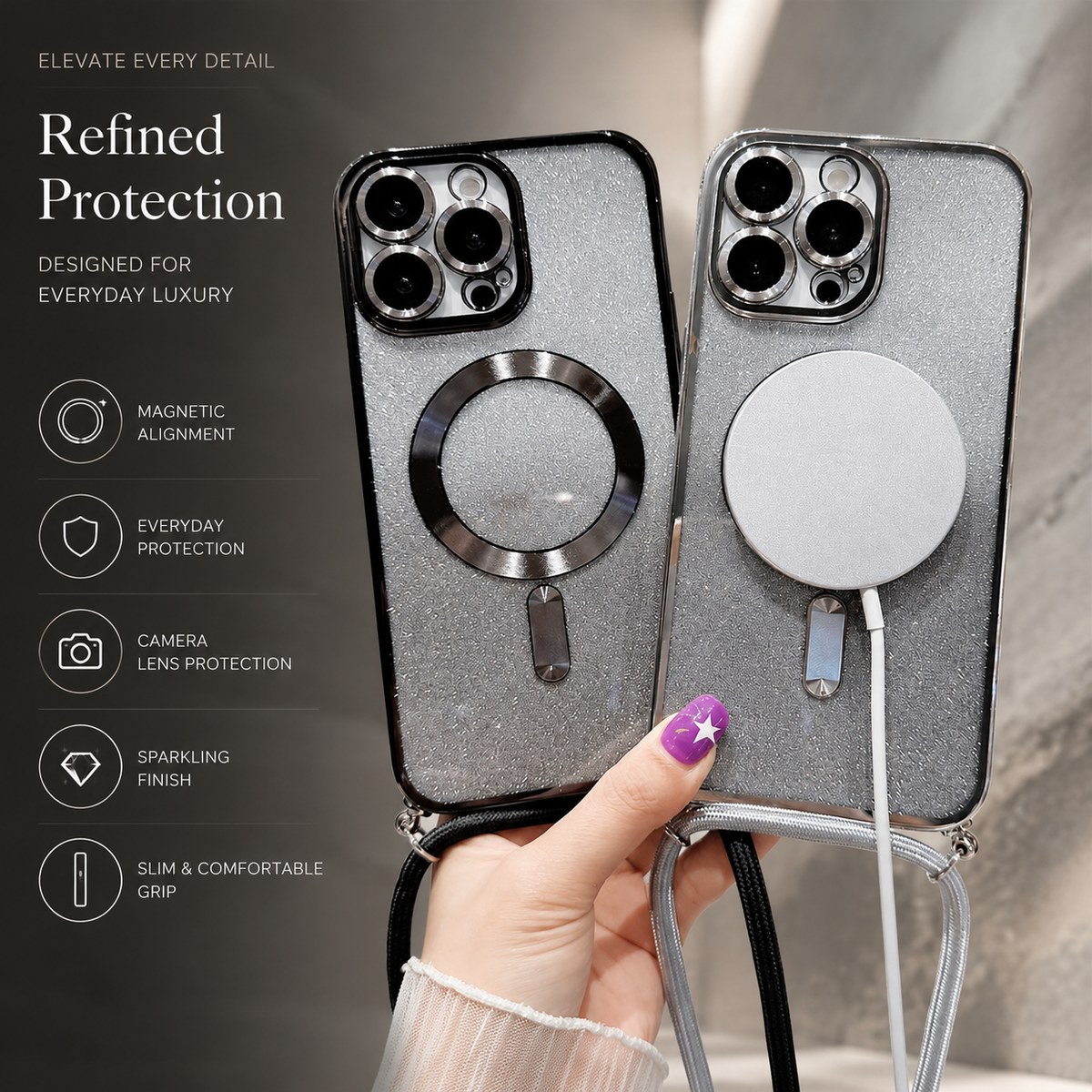 Luxury iPhone Case with MagSafe Compatible Gradient Glitter Crossbody Strap, Shockproof TPU Cover, Camera Lens Protection, Slim Protective Design