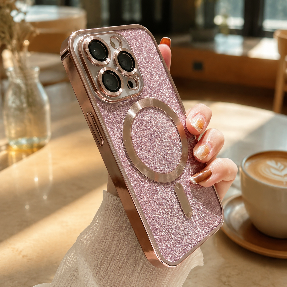 Luxury iPhone Case with MagSafe Compatible Gradient Glitter Crossbody Strap, Shockproof TPU Cover, Camera Lens Protection, Slim Protective Design
