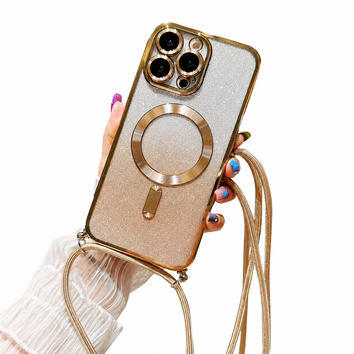 Luxury iPhone Case with MagSafe Compatible Gradient Glitter Crossbody Strap, Shockproof TPU Cover, Camera Lens Protection, Slim Protective Design