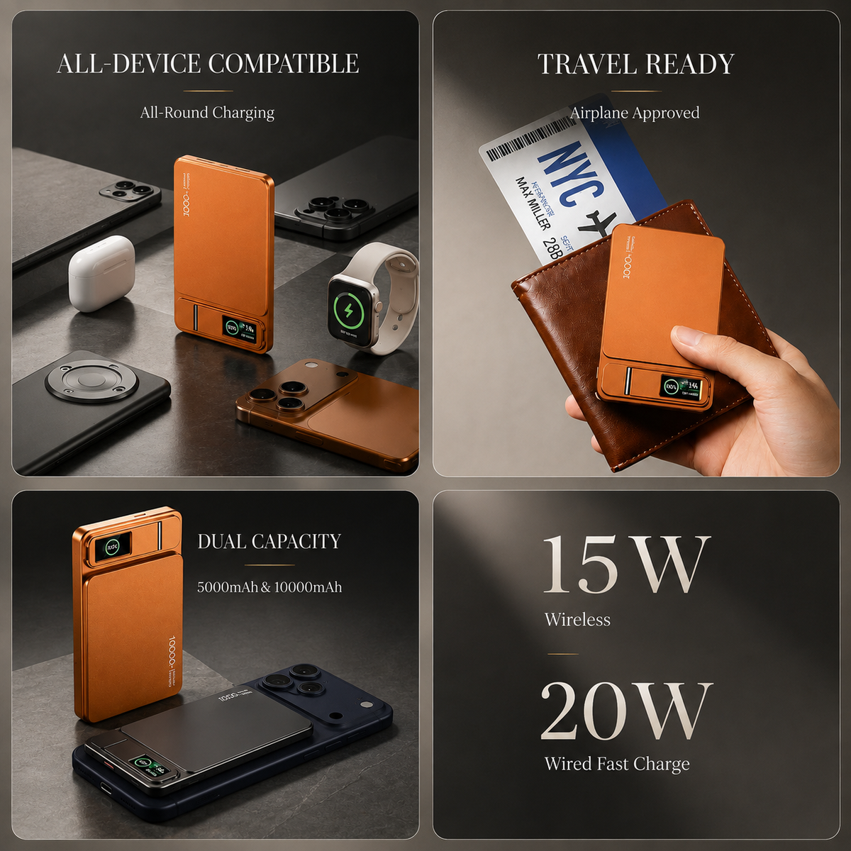 Premium 3 in 1 Magnetic Wireless Power Bank 20W Fast Charging Portable Battery Built In Stand Digital Display Watch Charger Compatible with iPhone