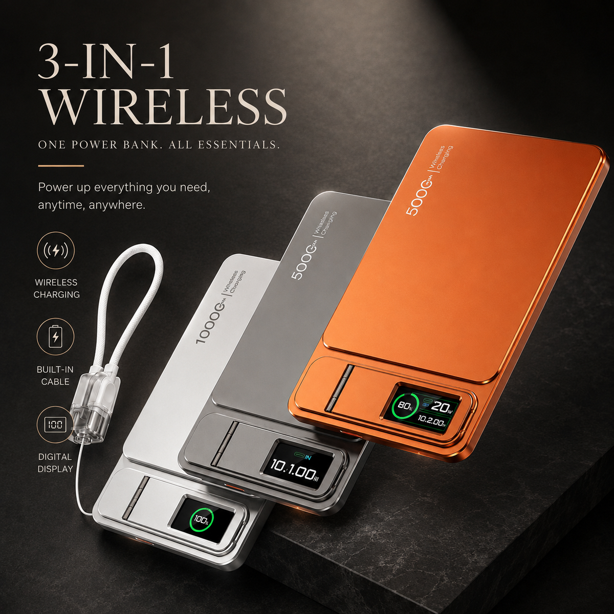 Premium 3 in 1 Magnetic Wireless Power Bank 20W Fast Charging Portable Battery Built In Stand Digital Display Watch Charger Compatible with iPhone