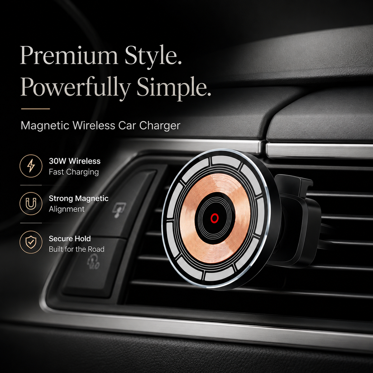 Premium 30W Magnetic Wireless Car Charger Fast Charging Phone Holder Dashboard Air Vent Mount 360 Rotation Smart Chip Anti Slip Compatible with iPhone