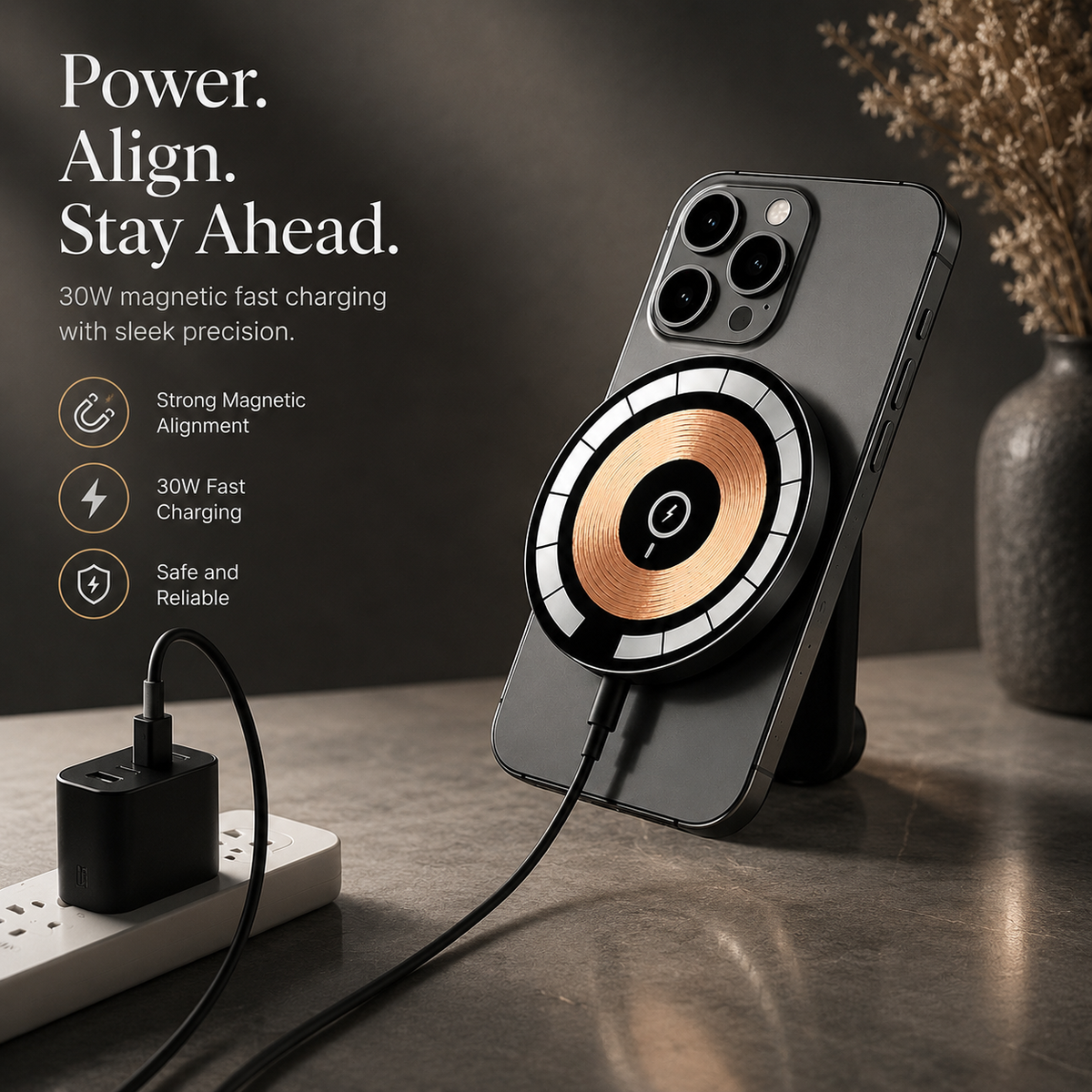 Premium 30W Magnetic Wireless Charger Pad Fast Charging MagSafe Stand USB C PD USB A Power Adapter Compatible iPhone Non Slip Portable
