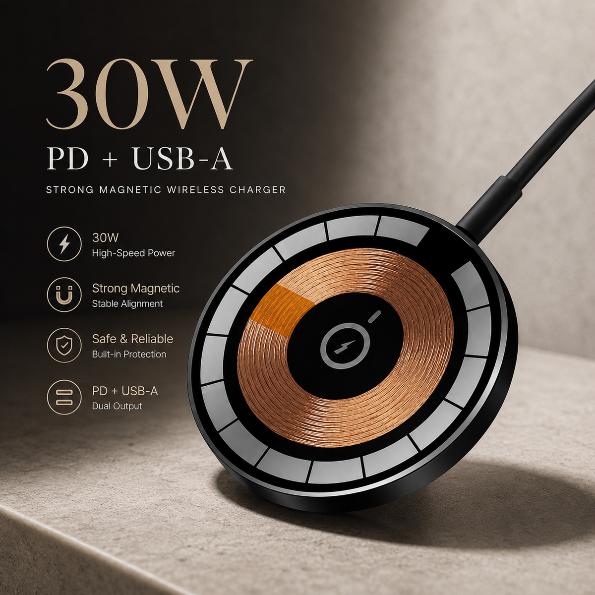 Premium 30W Magnetic Wireless Charger Pad Fast Charging MagSafe Stand USB C PD USB A Power Adapter Compatible iPhone Non Slip Portable