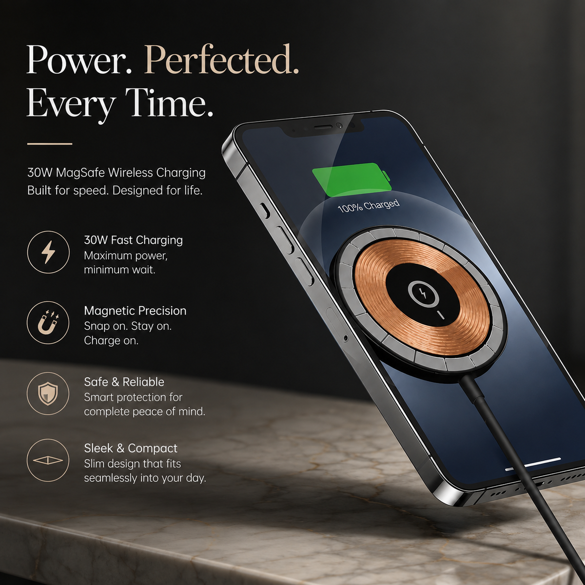 Premium 30W Magnetic Wireless Charger Pad Fast Charging MagSafe Stand USB C PD USB A Power Adapter Compatible iPhone Non Slip Portable