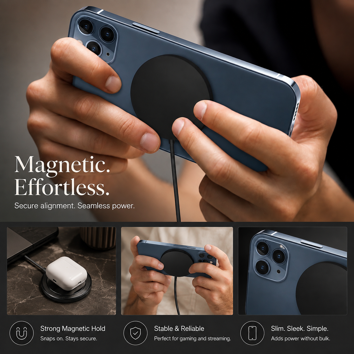 Premium 30W Magnetic Wireless Charger Pad Fast Charging MagSafe Stand USB C PD USB A Power Adapter Compatible iPhone Non Slip Portable