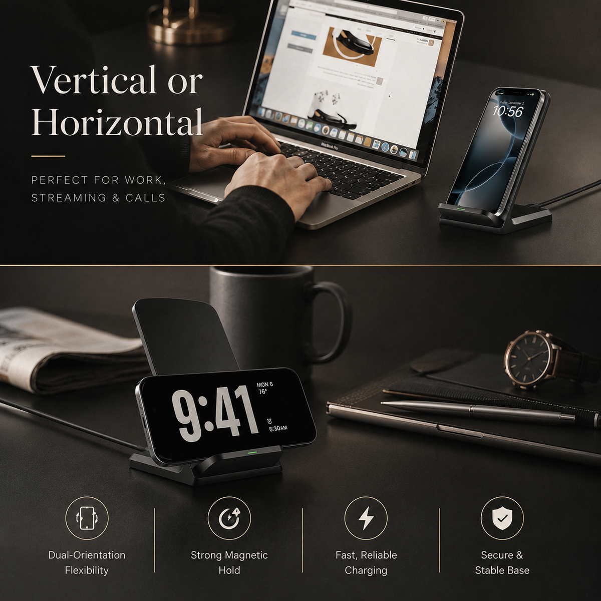 Premium 30W Wireless Charger Stand Fast Charging Foldable Phone Charging Stand USB C Vertical Horizontal Viewing Compatible with iPhone Travel Design