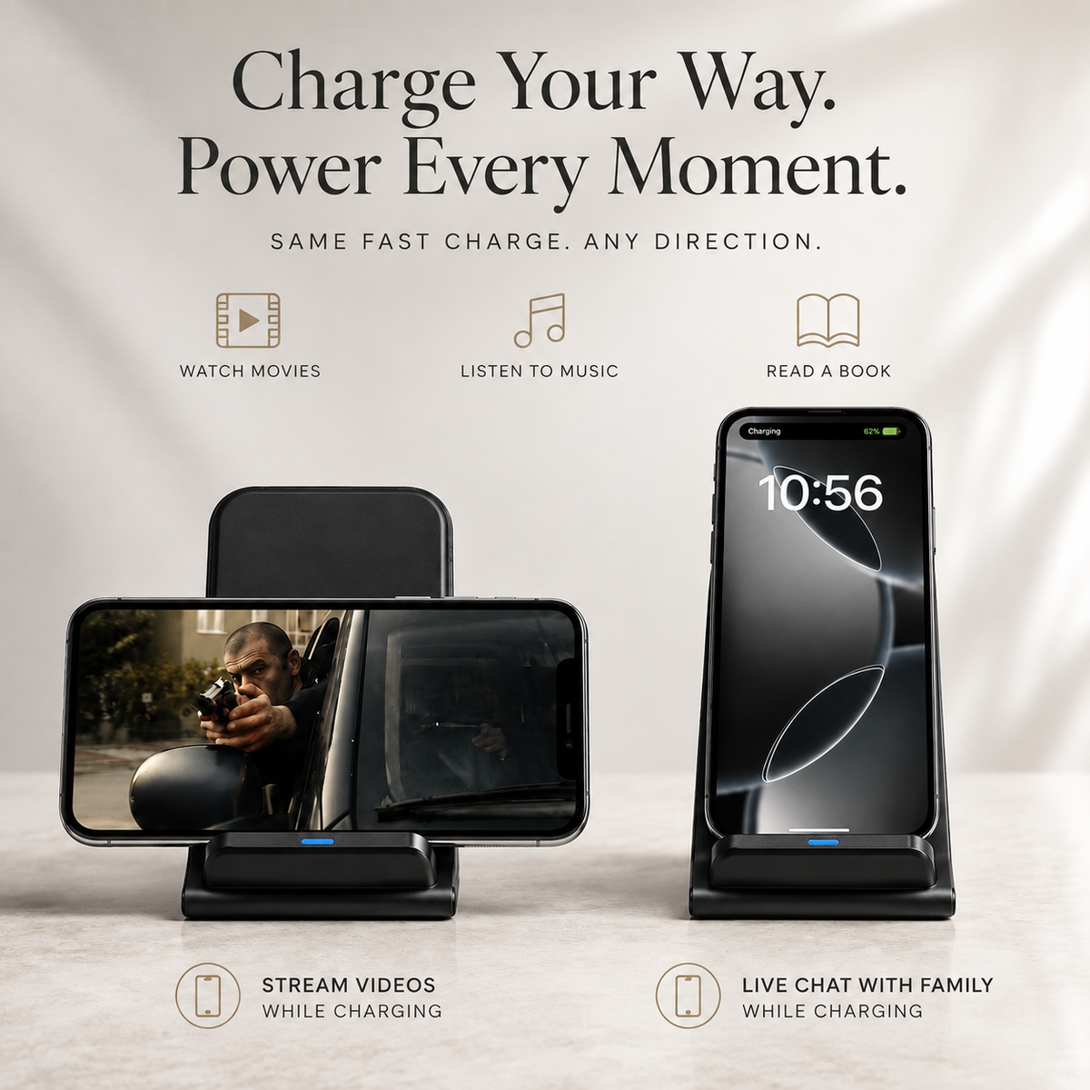 Premium 30W Wireless Charger Stand Fast Charging Foldable Phone Charging Stand USB C Vertical Horizontal Viewing Compatible with iPhone Travel Design