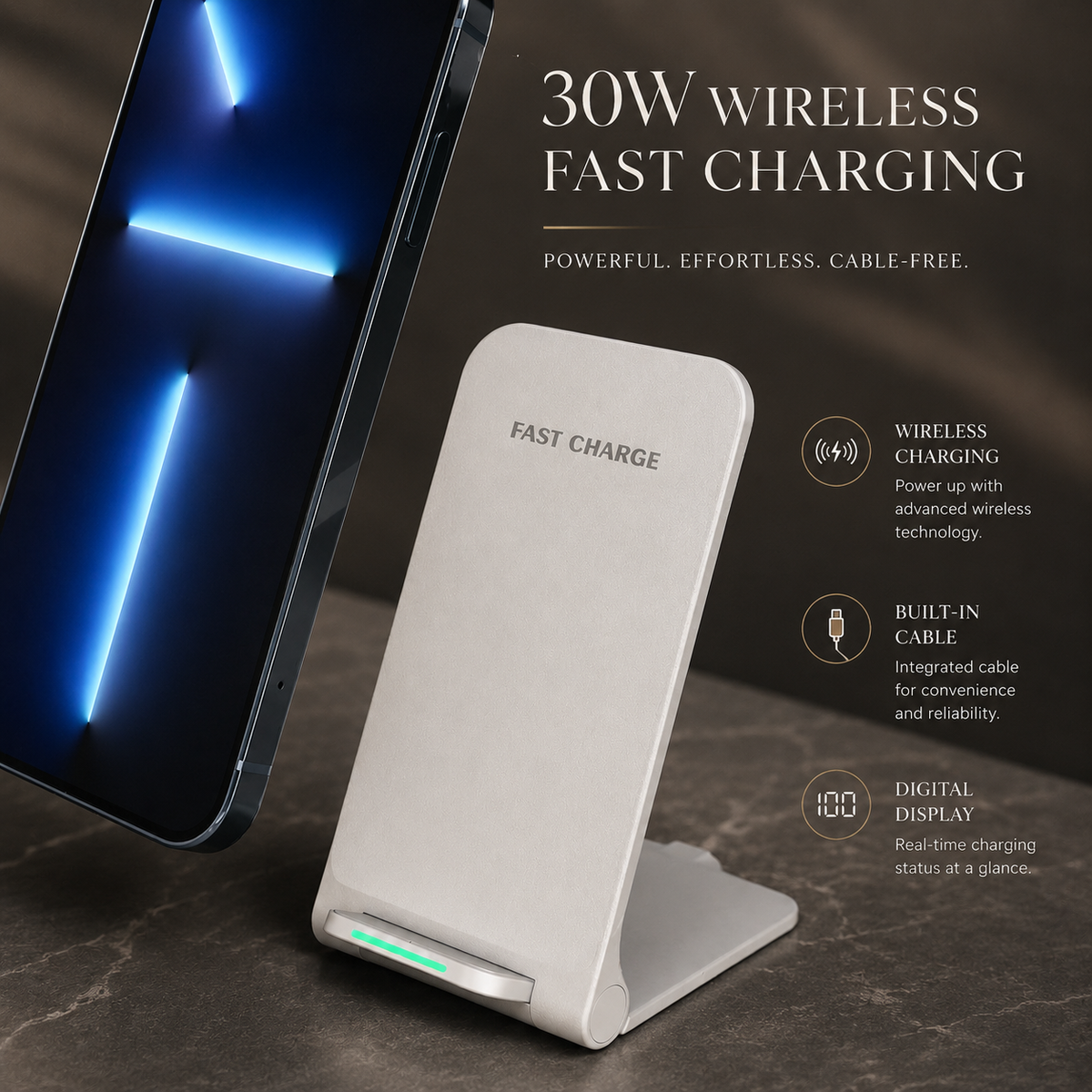 Premium 30W Wireless Charger Stand Fast Charging Foldable Phone Charging Stand USB C Vertical Horizontal Viewing Compatible with iPhone Travel Design
