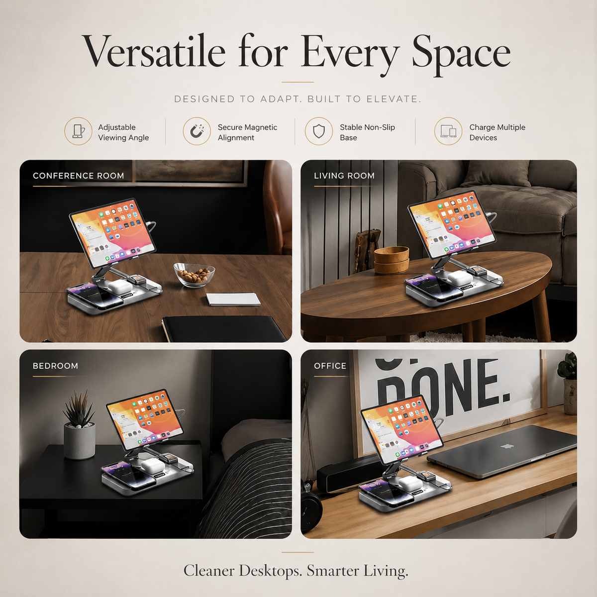 Premium 4 in 1 Magnetic Wireless Charging Station 15W Fast Charger Foldable Stand Phone Watch Earbuds LED USB Type C Compatible with iPhone
