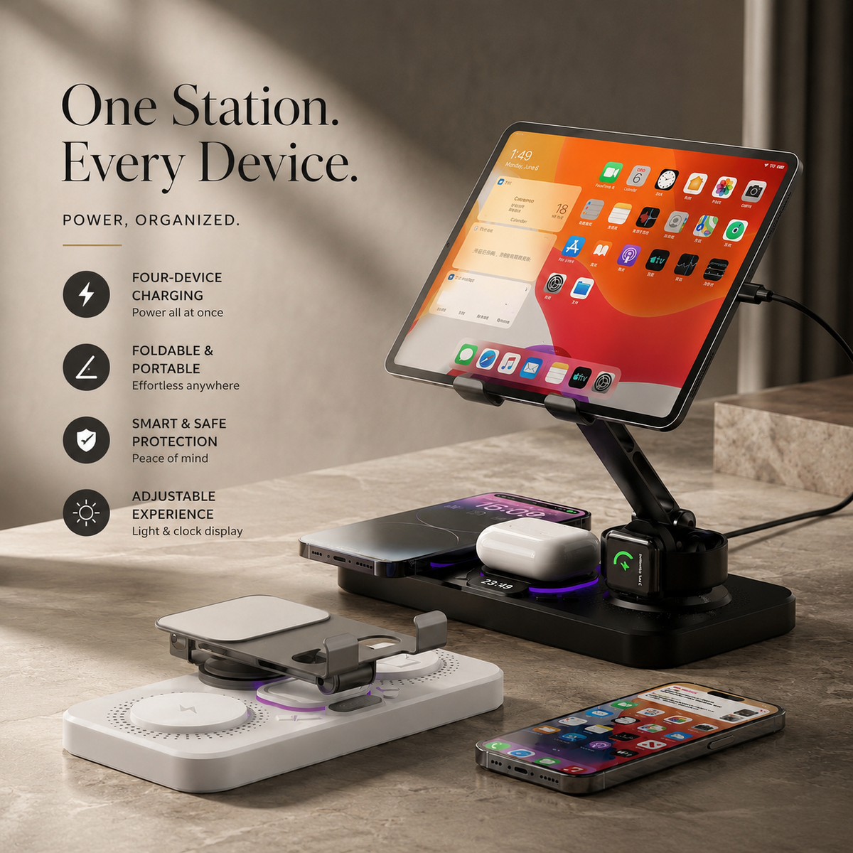 Premium 4 in 1 Magnetic Wireless Charging Station 15W Fast Charger Foldable Stand Phone Watch Earbuds LED USB Type C Compatible with iPhone