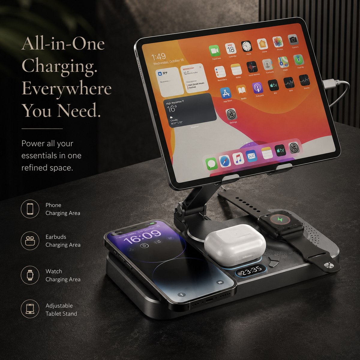 Premium 4 in 1 Magnetic Wireless Charging Station 15W Fast Charger Foldable Stand Phone Watch Earbuds LED USB Type C Compatible with iPhone