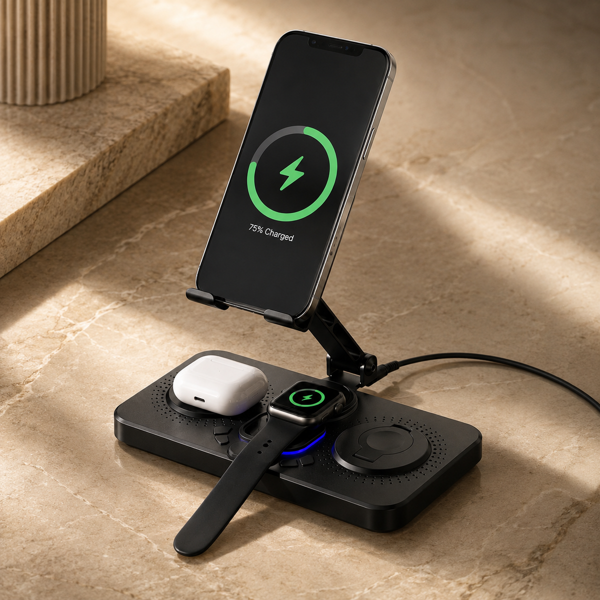 Premium 4 in 1 Magnetic Wireless Charging Station 15W Fast Charger Foldable Stand Phone Watch Earbuds LED USB Type C Compatible with iPhone