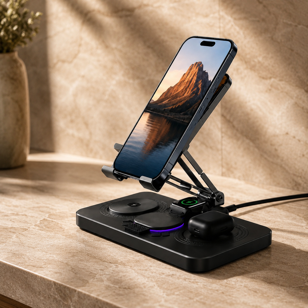 Premium 4 in 1 Magnetic Wireless Charging Station 15W Fast Charger Foldable Stand Phone Watch Earbuds LED USB Type C Compatible with iPhone