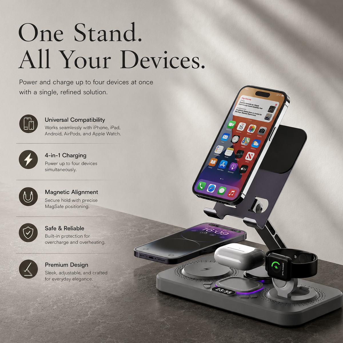 Premium 4 in 1 Magnetic Wireless Charging Station 15W Fast Charger Foldable Stand Phone Watch Earbuds LED USB Type C Compatible with iPhone