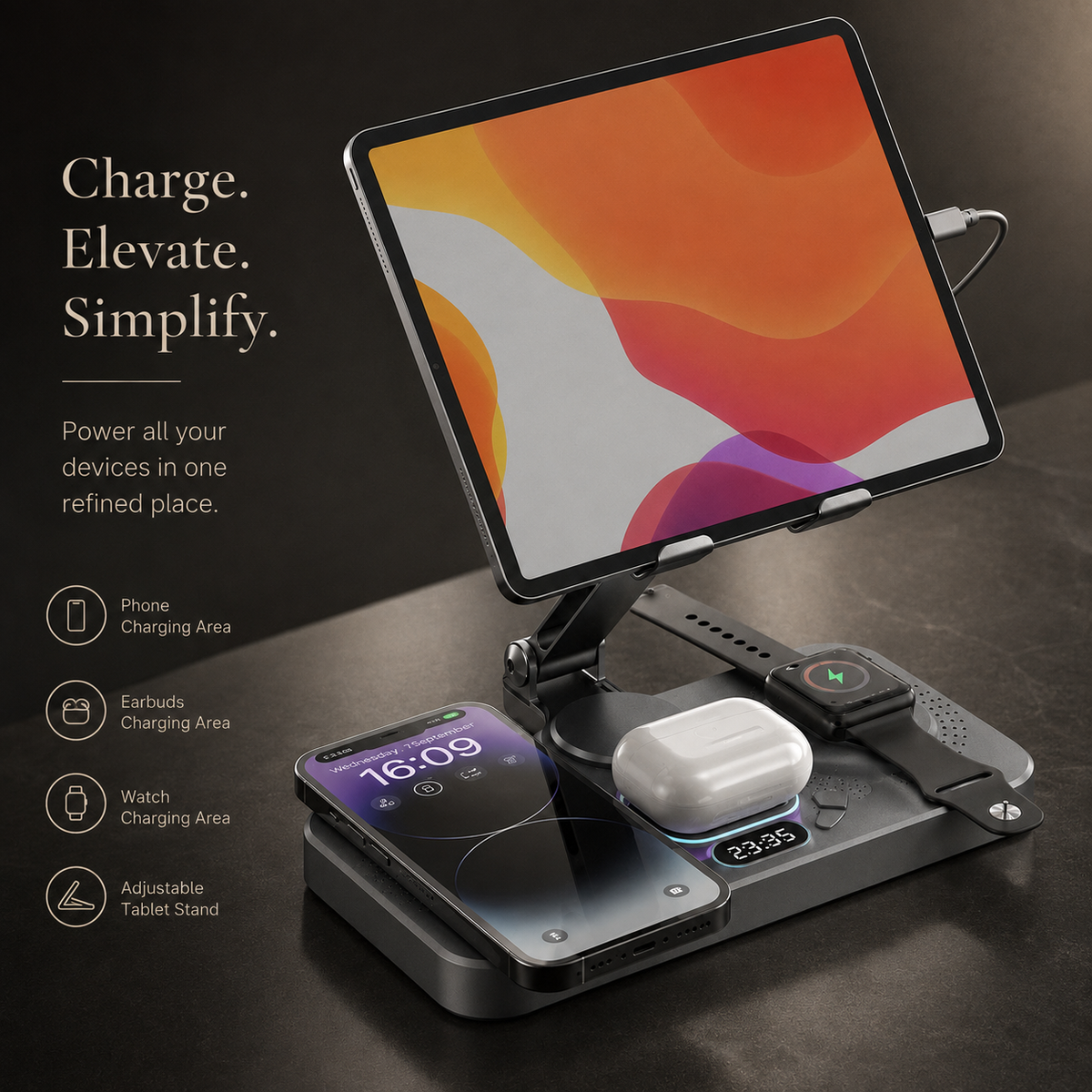Premium 4 in 1 Magnetic Wireless Charging Station 15W Fast Charger Foldable Stand Phone Watch Earbuds LED USB Type C Compatible with iPhone