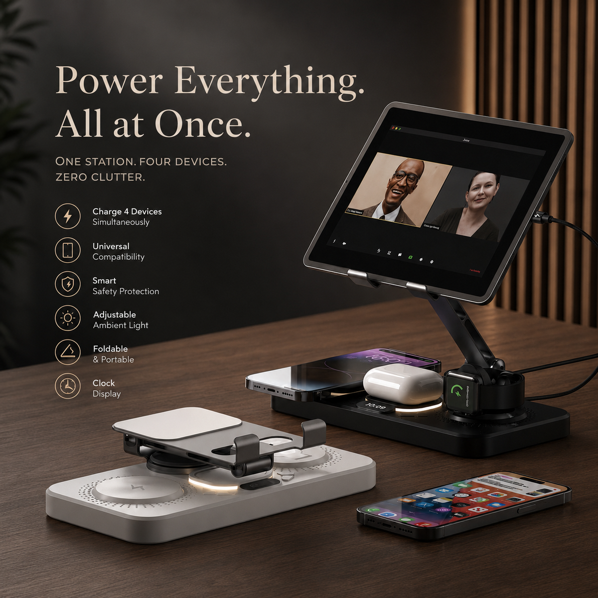 Premium 4 in 1 Magnetic Wireless Charging Station 15W Fast Charger Foldable Stand Phone Watch Earbuds LED USB Type C Compatible with iPhone
