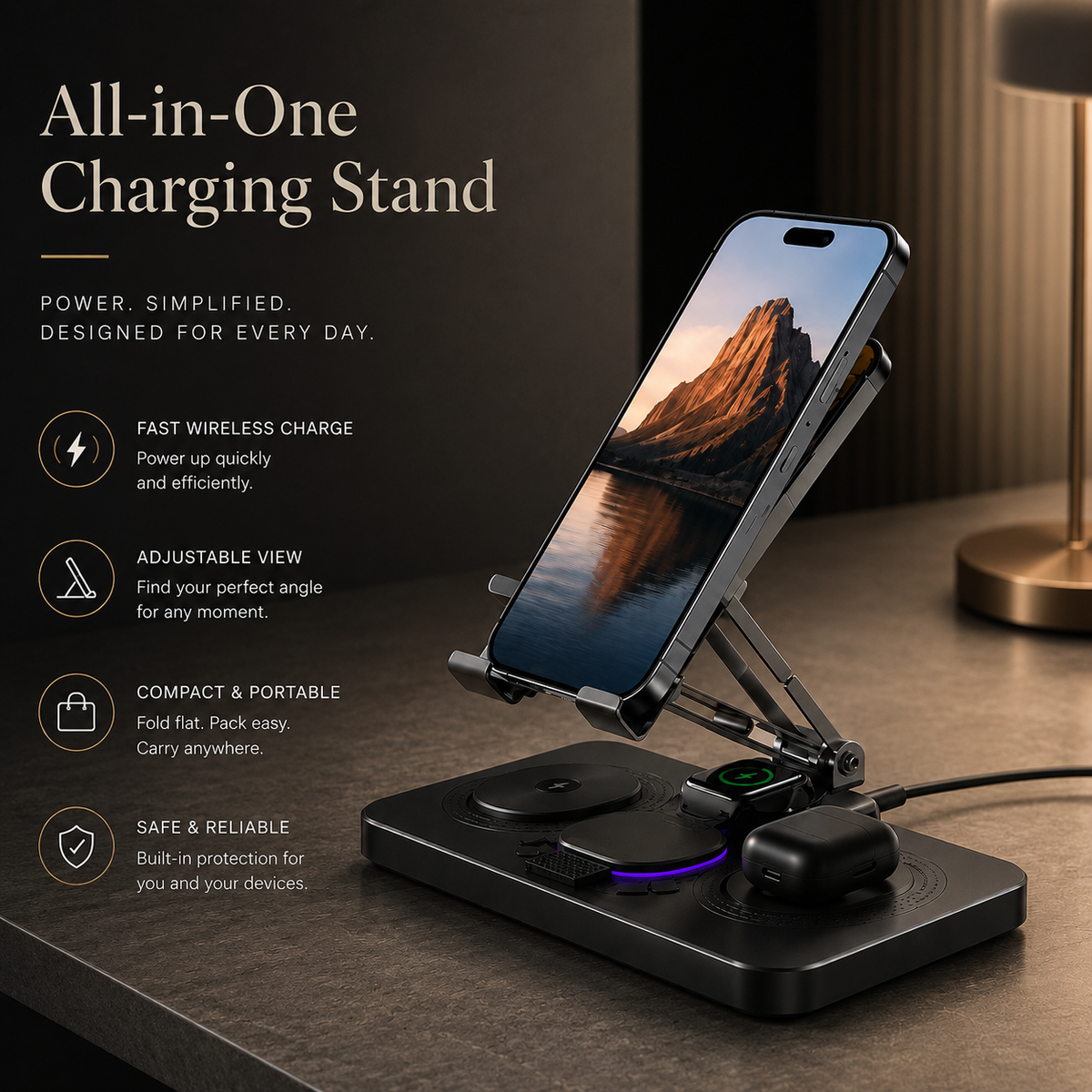 Premium 4 in 1 Magnetic Wireless Charging Station 15W Fast Charger Foldable Stand Phone Watch Earbuds LED USB Type C Compatible with iPhone
