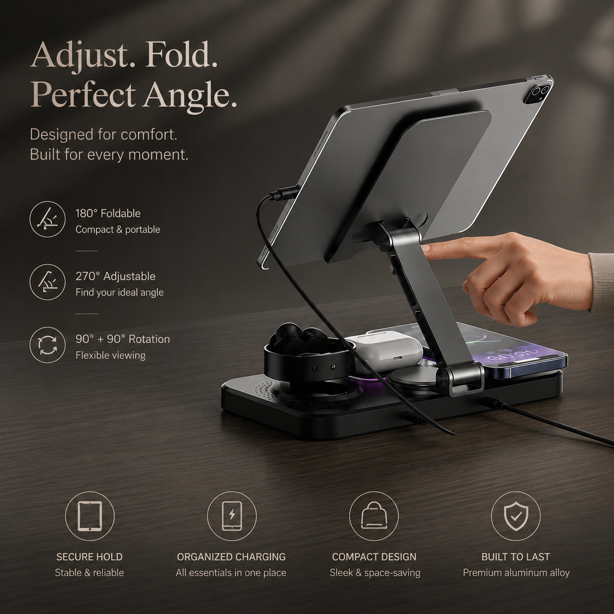Premium 4 in 1 Magnetic Wireless Charging Station 15W Fast Charger Foldable Stand Phone Watch Earbuds LED USB Type C Compatible with iPhone