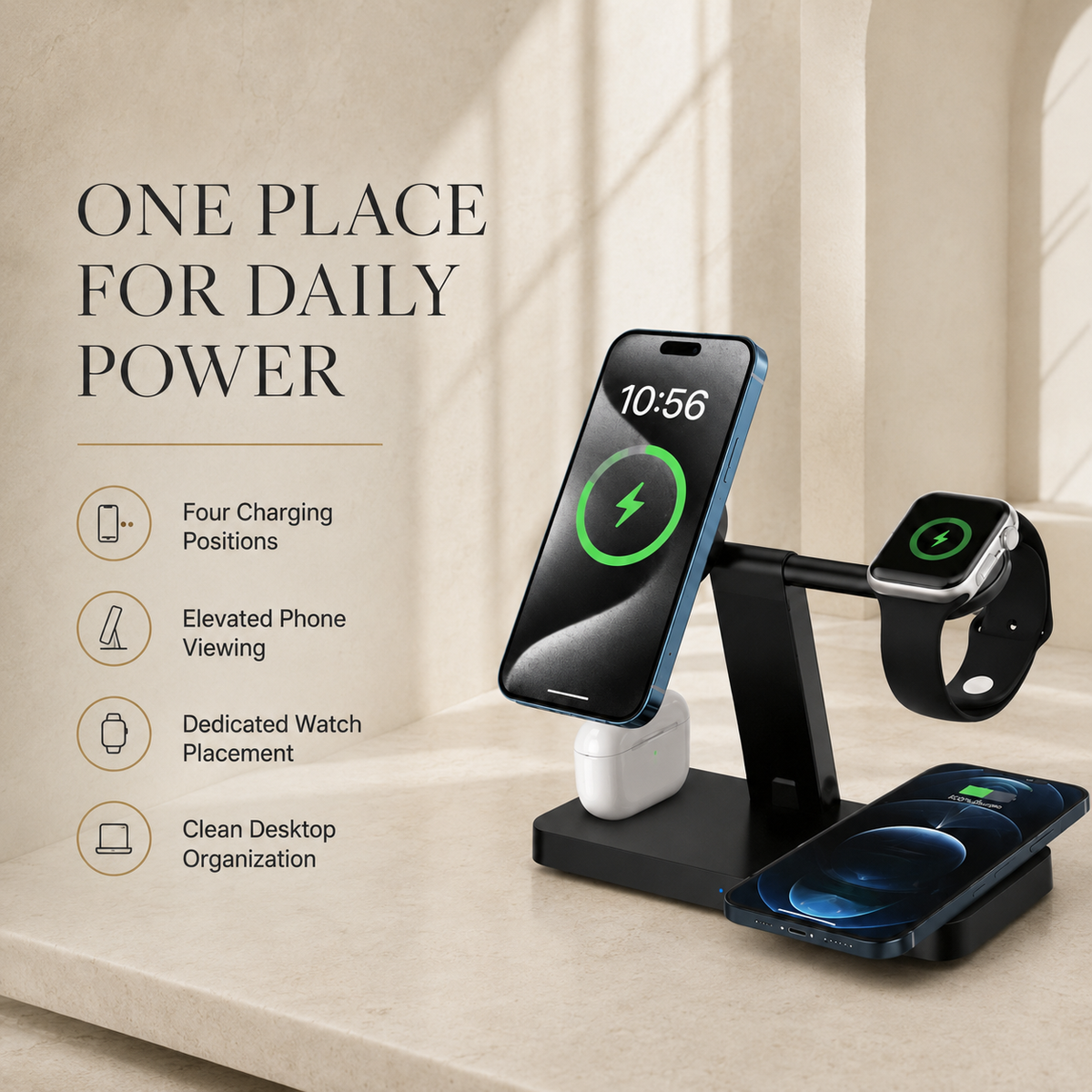 Premium 5 in 1 Magnetic Wireless Charging Station 30W Fast Qi Charger Foldable Stands LED Night Lights USB Type C Multi Devices Compatible with iPhone