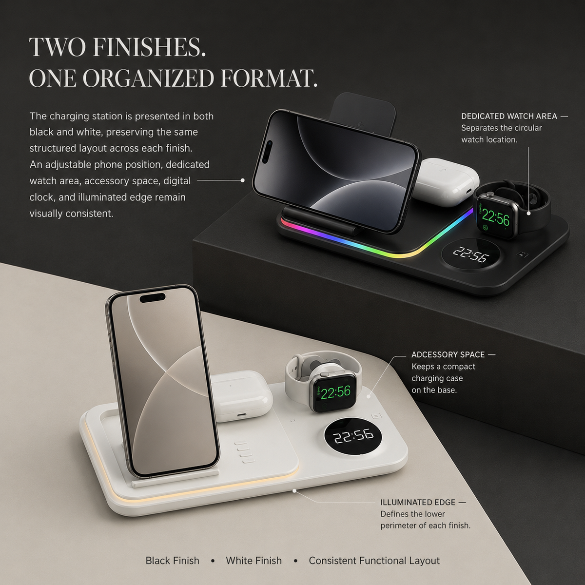 Premium 5 in 1 Wireless Charging Station 30W Fast Qi Charger Foldable Dock RGB LED Alarm Clock USB Type C Multi Device Charging Stand Compatible with iPhone