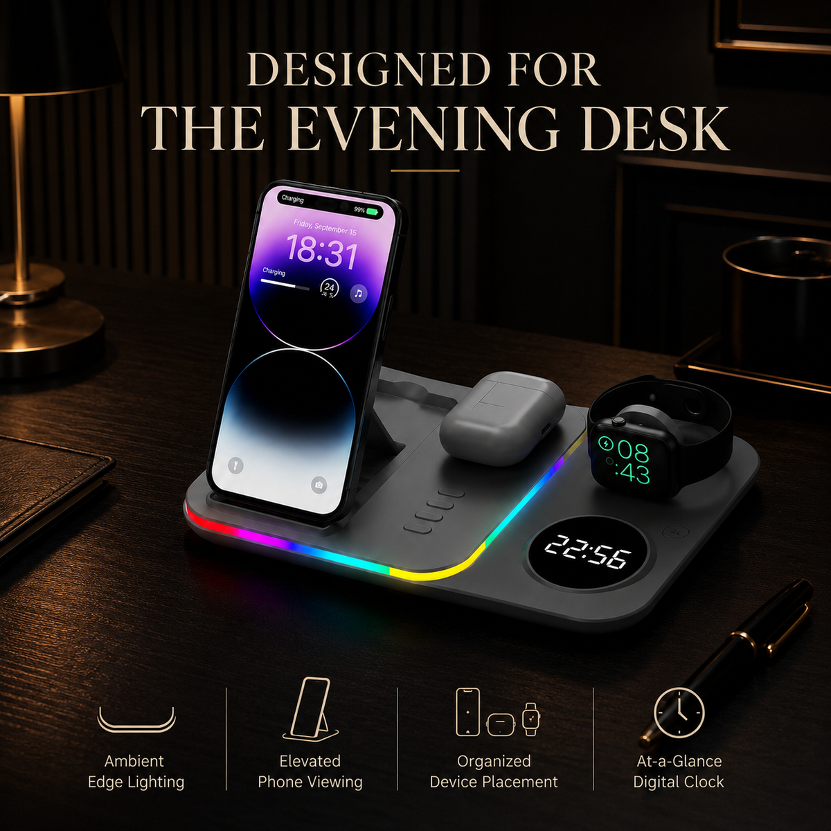 Premium 5 in 1 Wireless Charging Station 30W Fast Qi Charger Foldable Dock RGB LED Alarm Clock USB Type C Multi Device Charging Stand Compatible with iPhone