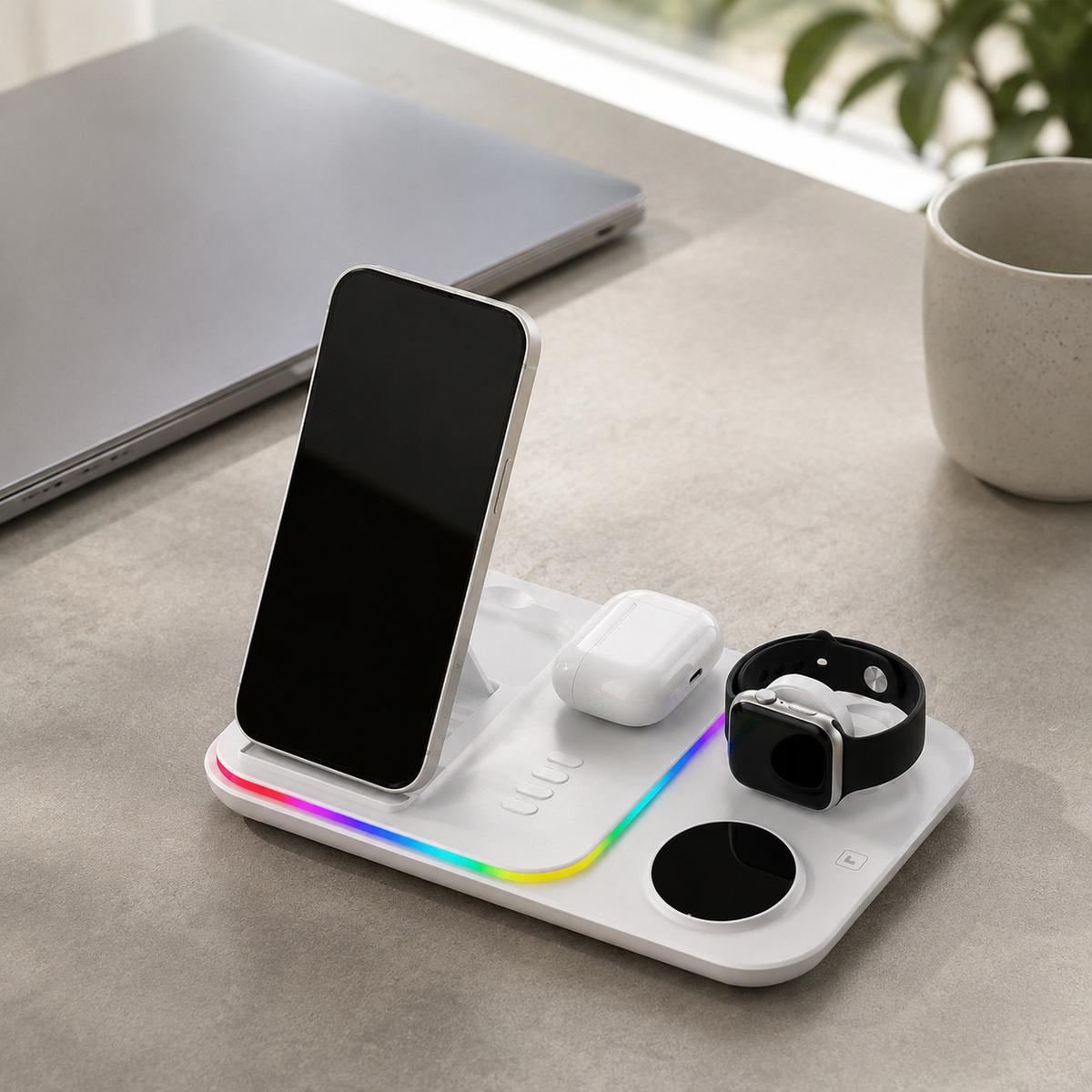 Premium 5 in 1 Wireless Charging Station 30W Fast Qi Charger Foldable Dock RGB LED Alarm Clock USB Type C Multi Device Charging Stand Compatible with iPhone