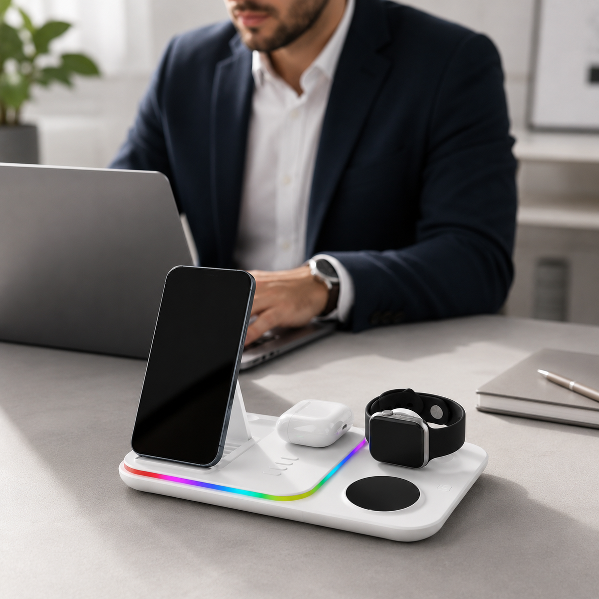 Premium 5 in 1 Wireless Charging Station 30W Fast Qi Charger Foldable Dock RGB LED Alarm Clock USB Type C Multi Device Charging Stand Compatible with iPhone