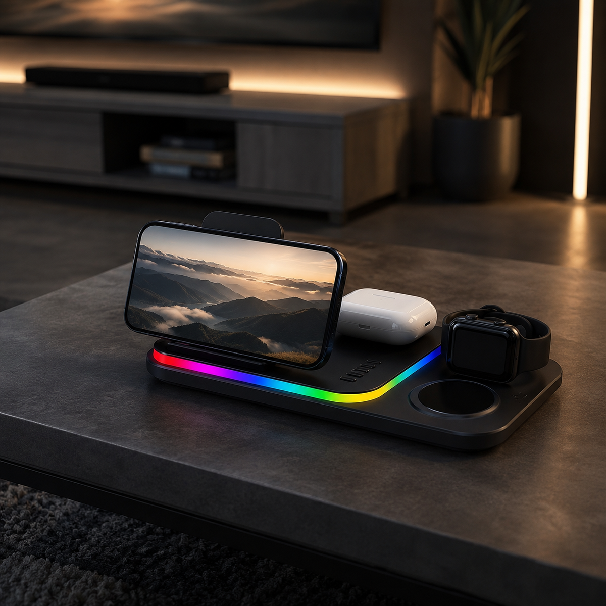 Premium 5 in 1 Wireless Charging Station 30W Fast Qi Charger Foldable Dock RGB LED Alarm Clock USB Type C Multi Device Charging Stand Compatible with iPhone