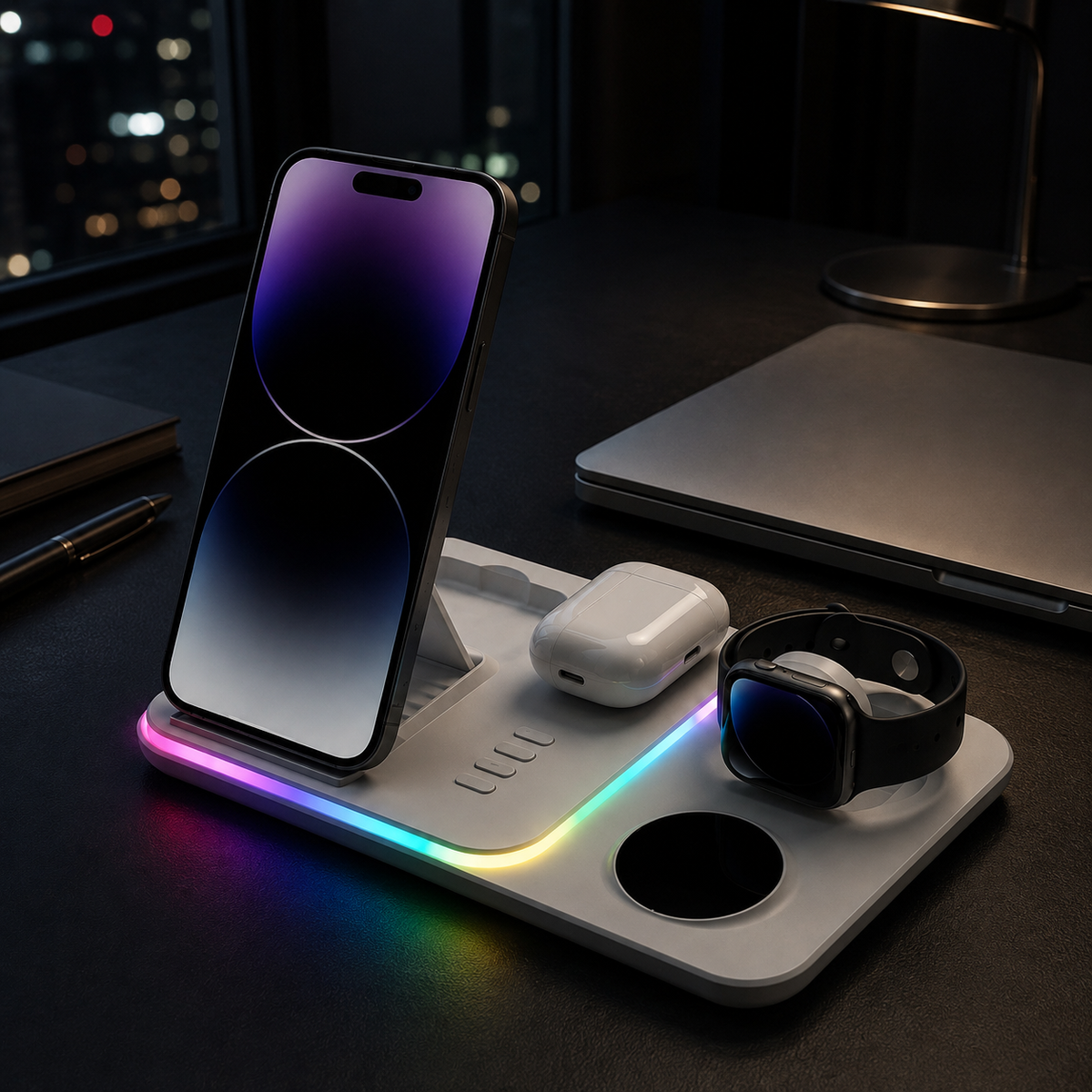 Premium 5 in 1 Wireless Charging Station 30W Fast Qi Charger Foldable Dock RGB LED Alarm Clock USB Type C Multi Device Charging Stand Compatible with iPhone