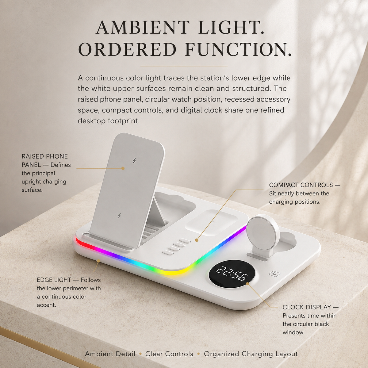 Premium 5 in 1 Wireless Charging Station 30W Fast Qi Charger Foldable Dock RGB LED Alarm Clock USB Type C Multi Device Charging Stand Compatible with iPhone
