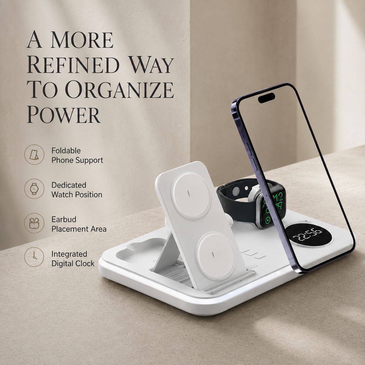Premium 5 in 1 Wireless Charging Station 30W Fast Qi Charger Foldable Dock RGB LED Alarm Clock USB Type C Multi Device Charging Stand Compatible with iPhone