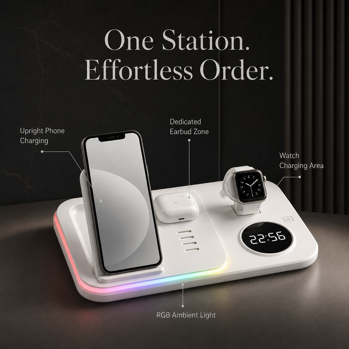 Premium 5 in 1 Wireless Charging Station 30W Fast Qi Charger Foldable Dock RGB LED Alarm Clock USB Type C Multi Device Charging Stand Compatible with iPhone