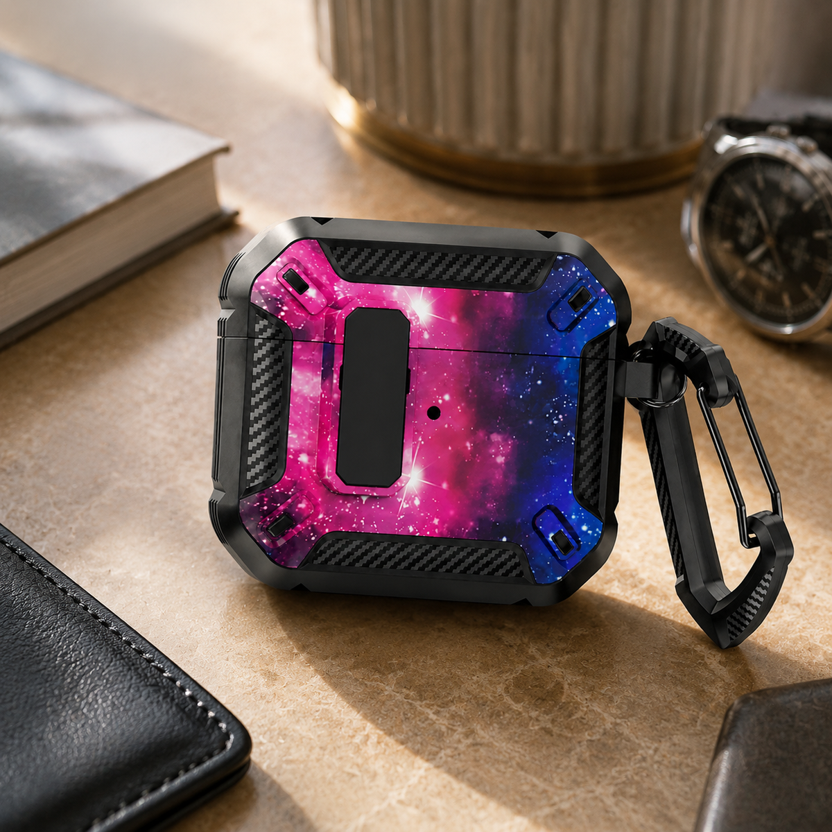 Premium Carbon Fiber AirPods Case Cover Shockproof TPU Protective Case Secure Lock Wireless Charging Anti Scratch Keychain Compatible with AirPods