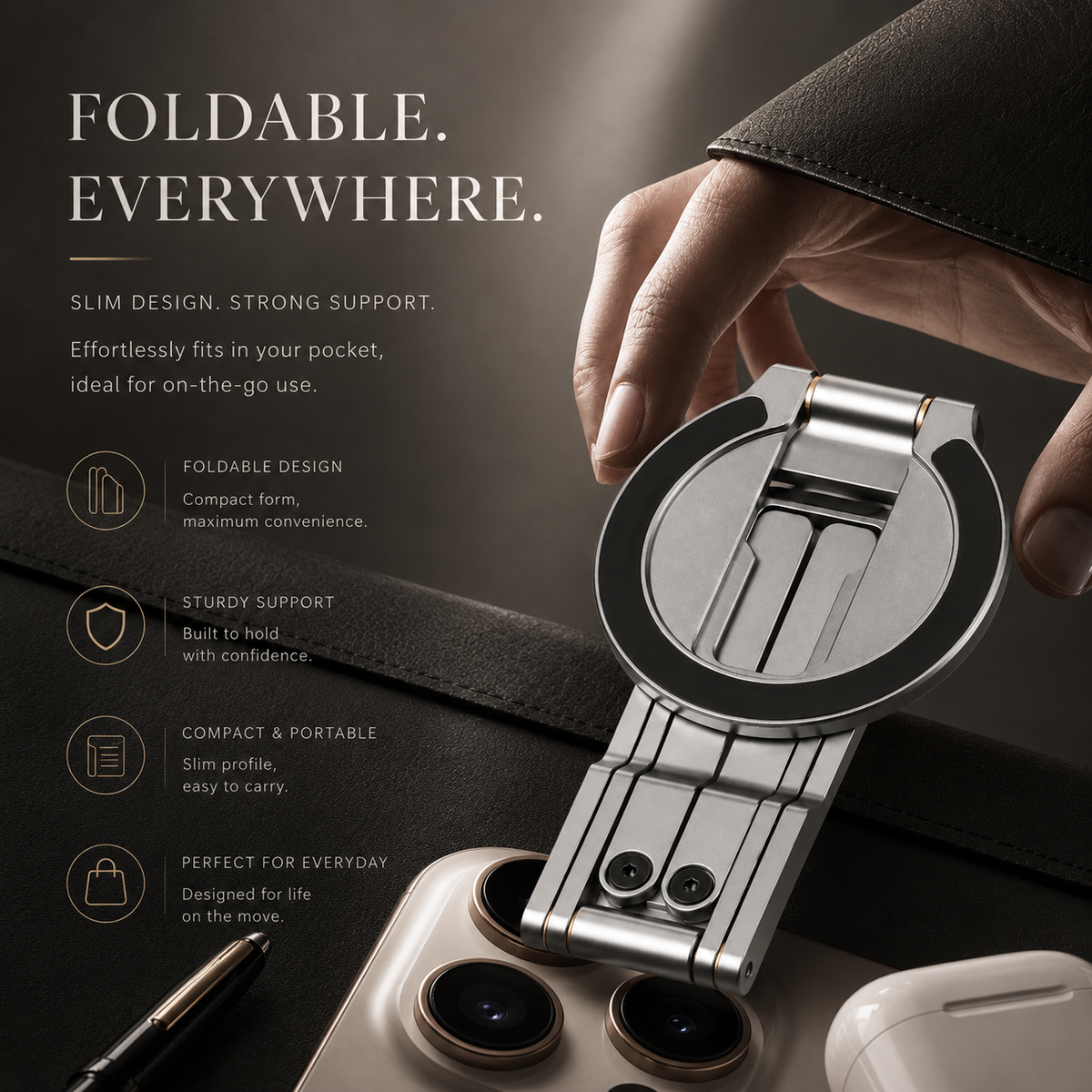 Premium MagSafe Magnetic Phone Tripod Stand Ultra Slim Pocket Phone Holder N52 Magnetic Grip 360 Adjustable Stand Compatible with iPhone