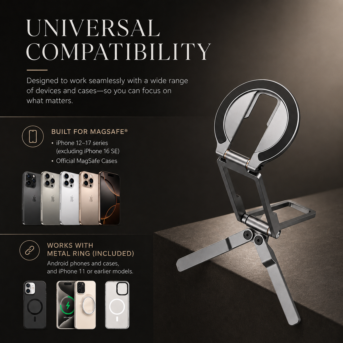 Premium MagSafe Magnetic Phone Tripod Stand Ultra Slim Pocket Phone Holder N52 Magnetic Grip 360 Adjustable Stand Compatible with iPhone