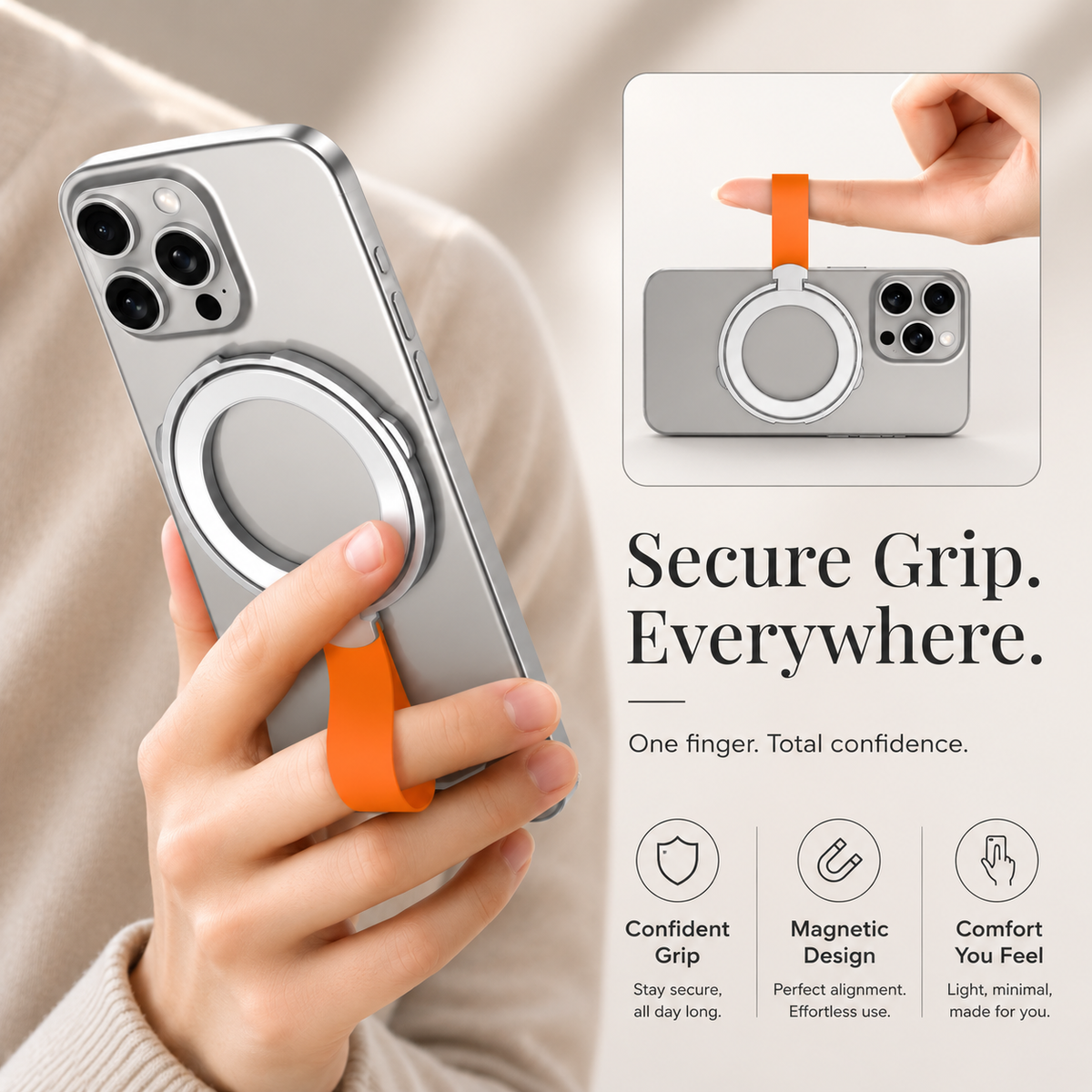Premium Magnetic Phone Grip Stand MagSafe Finger Ring Holder Hand Strap Kickstand Magnetic Phone Holder Car Mount Desk Stand Compatible with iPhone