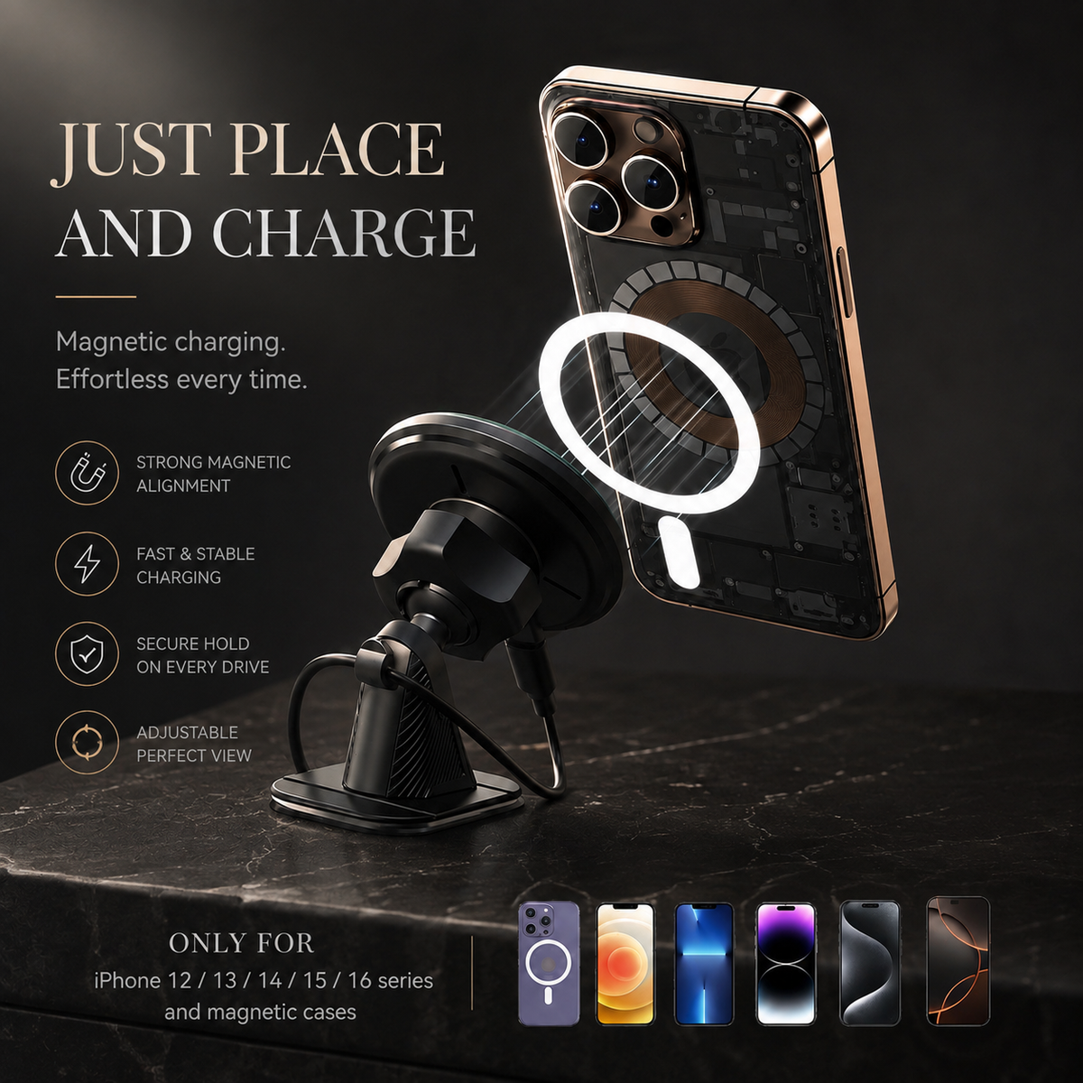 Premium Magnetic Wireless Car Phone Holder Fast Charging Mount 360 Rotating Dashboard Air Vent Stand MagSafe Compatible Smartphone Holder Compatible with iPhone