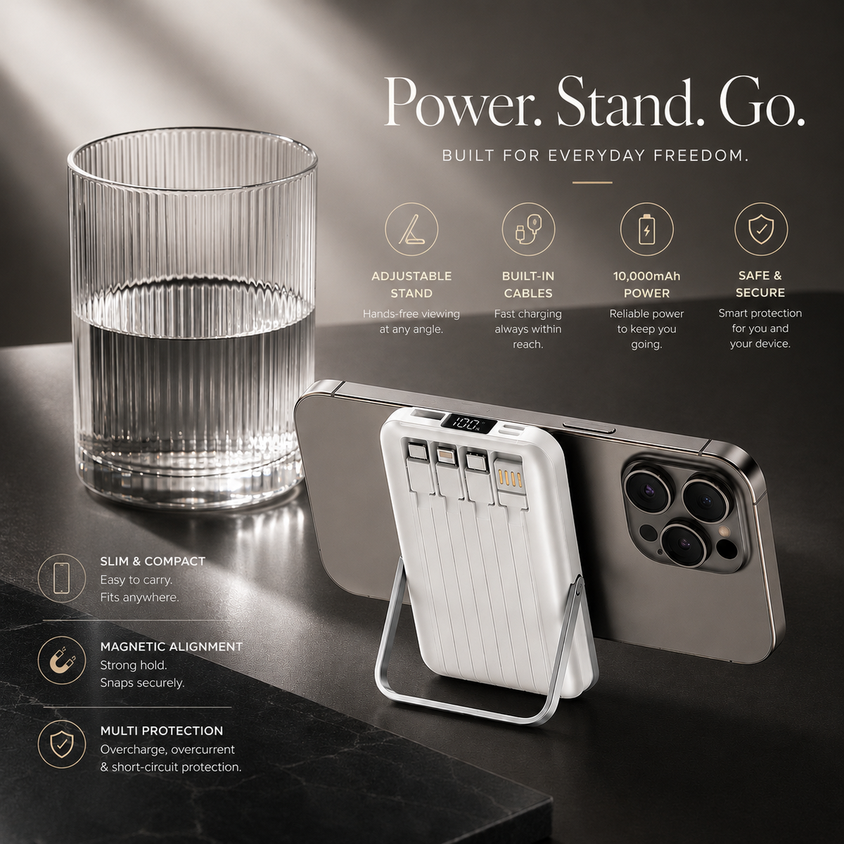 Premium Magnetic Wireless Power Bank 10000mAh 22.5W Fast Charging Portable Battery Built In Cable Wireless Charger Stand PD Compatible with iPhone