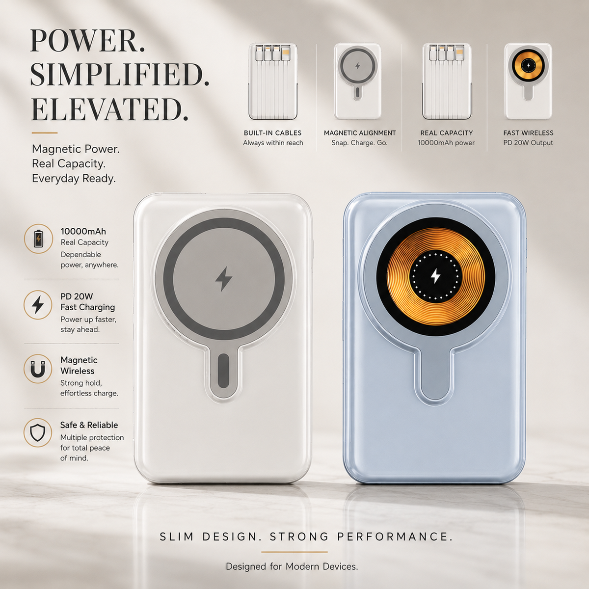 Premium Magnetic Wireless Power Bank 10000mAh 22.5W Fast Charging Portable Battery Built In Cable Wireless Charger Stand PD Compatible with iPhone