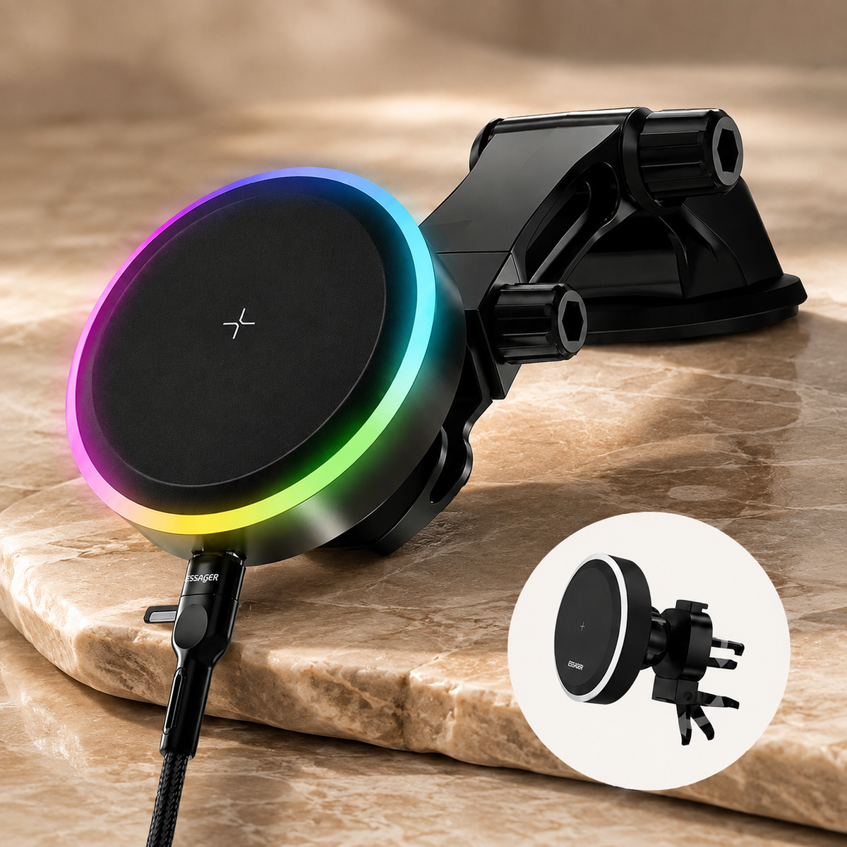 Premium RGB Magnetic Wireless Car Phone Holder 15W Qi Fast Charging Mount 360 Rotating Dashboard Air Vent Stand LED Light Compatible with iPhone