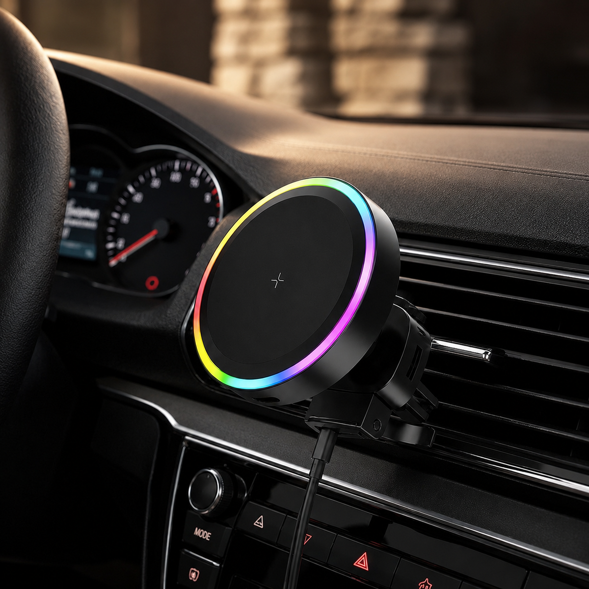 Premium RGB Magnetic Wireless Car Phone Holder 15W Qi Fast Charging Mount 360 Rotating Dashboard Air Vent Stand LED Light Compatible with iPhone
