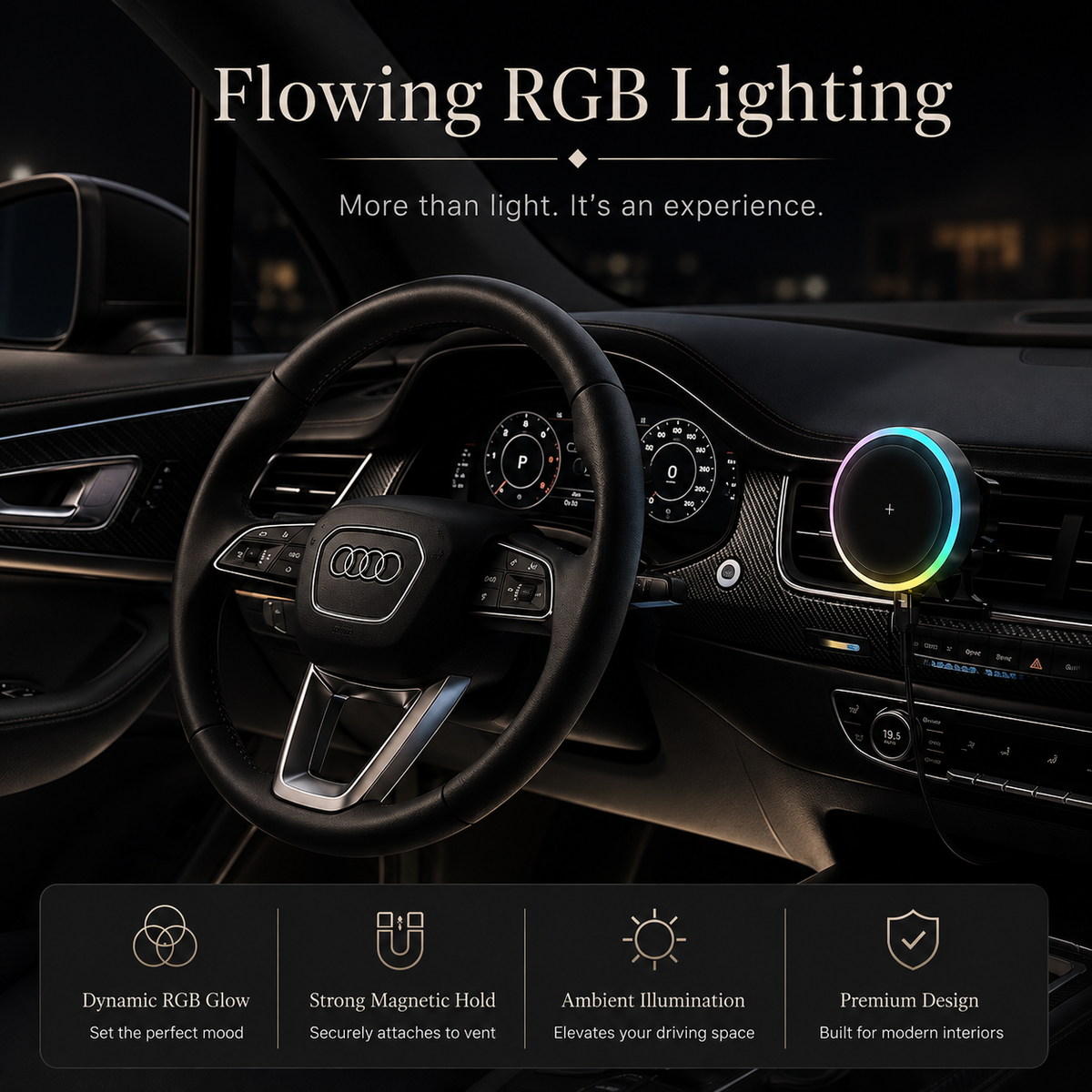 Premium RGB Magnetic Wireless Car Phone Holder 15W Qi Fast Charging Mount 360 Rotating Dashboard Air Vent Stand LED Light Compatible with iPhone