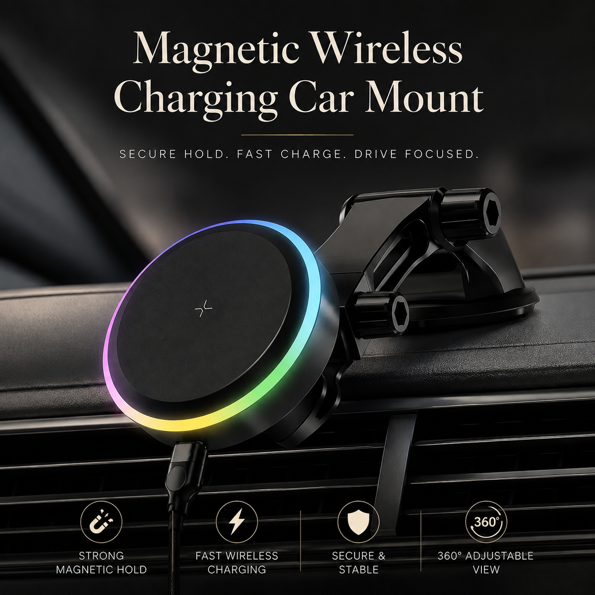 Premium RGB Magnetic Wireless Car Phone Holder 15W Qi Fast Charging Mount 360 Rotating Dashboard Air Vent Stand LED Light Compatible with iPhone