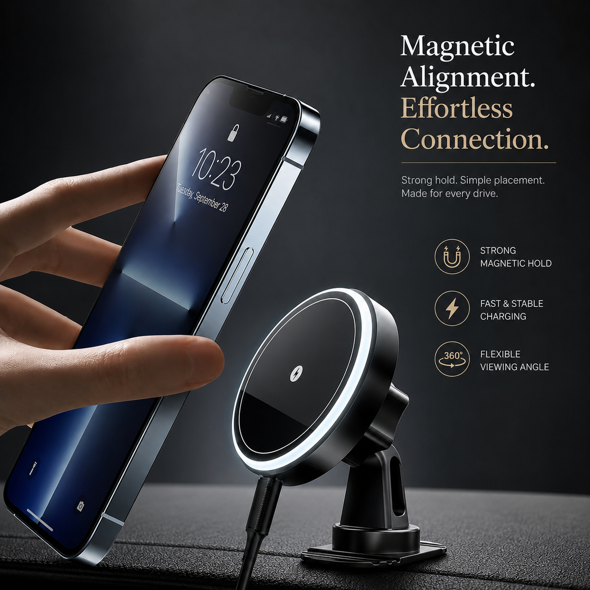 Premium RGB Magnetic Wireless Car Phone Holder 15W Qi Fast Charging Mount 360 Rotating Dashboard Air Vent Stand LED Light Compatible with iPhone