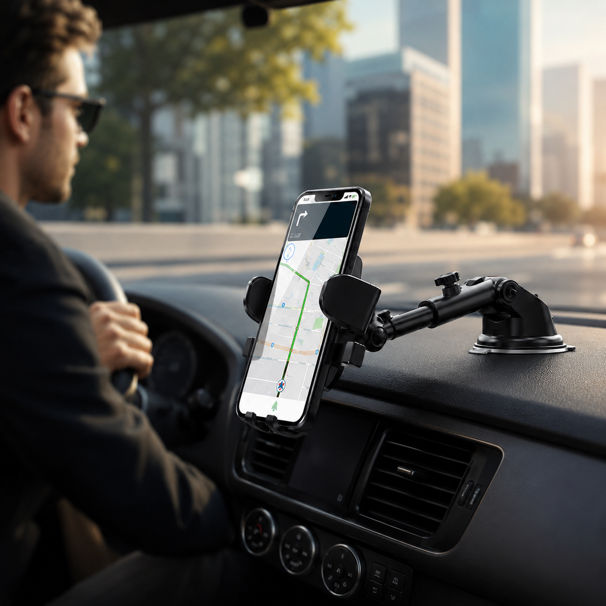 Premium Suction Cup Car Phone Holder Windshield Dashboard Mount 360 Rotating Gravity Lock GPS Stand Adjustable Telescopic Arm Compatible with iPhone