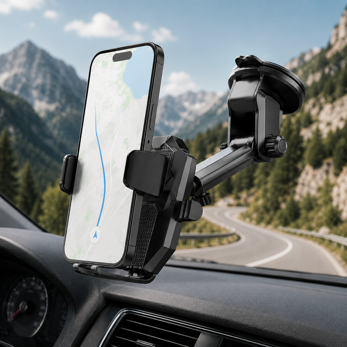 Premium Suction Cup Car Phone Holder Windshield Dashboard Mount 360 Rotating Gravity Lock GPS Stand Adjustable Telescopic Arm Compatible with iPhone