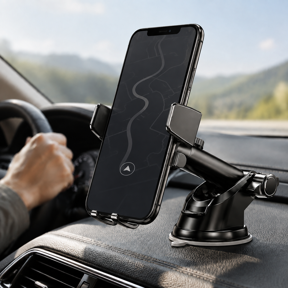 Premium Suction Cup Car Phone Holder Windshield Dashboard Mount 360 Rotating Gravity Lock GPS Stand Adjustable Telescopic Arm Compatible with iPhone