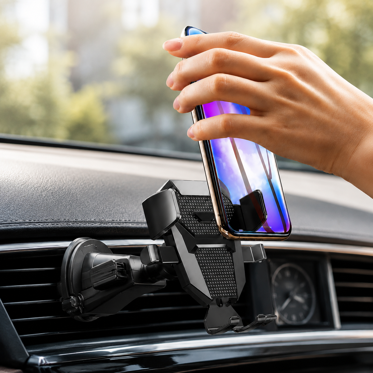 Premium Suction Cup Car Phone Holder Windshield Dashboard Mount 360 Rotating Gravity Lock GPS Stand Adjustable Telescopic Arm Compatible with iPhone