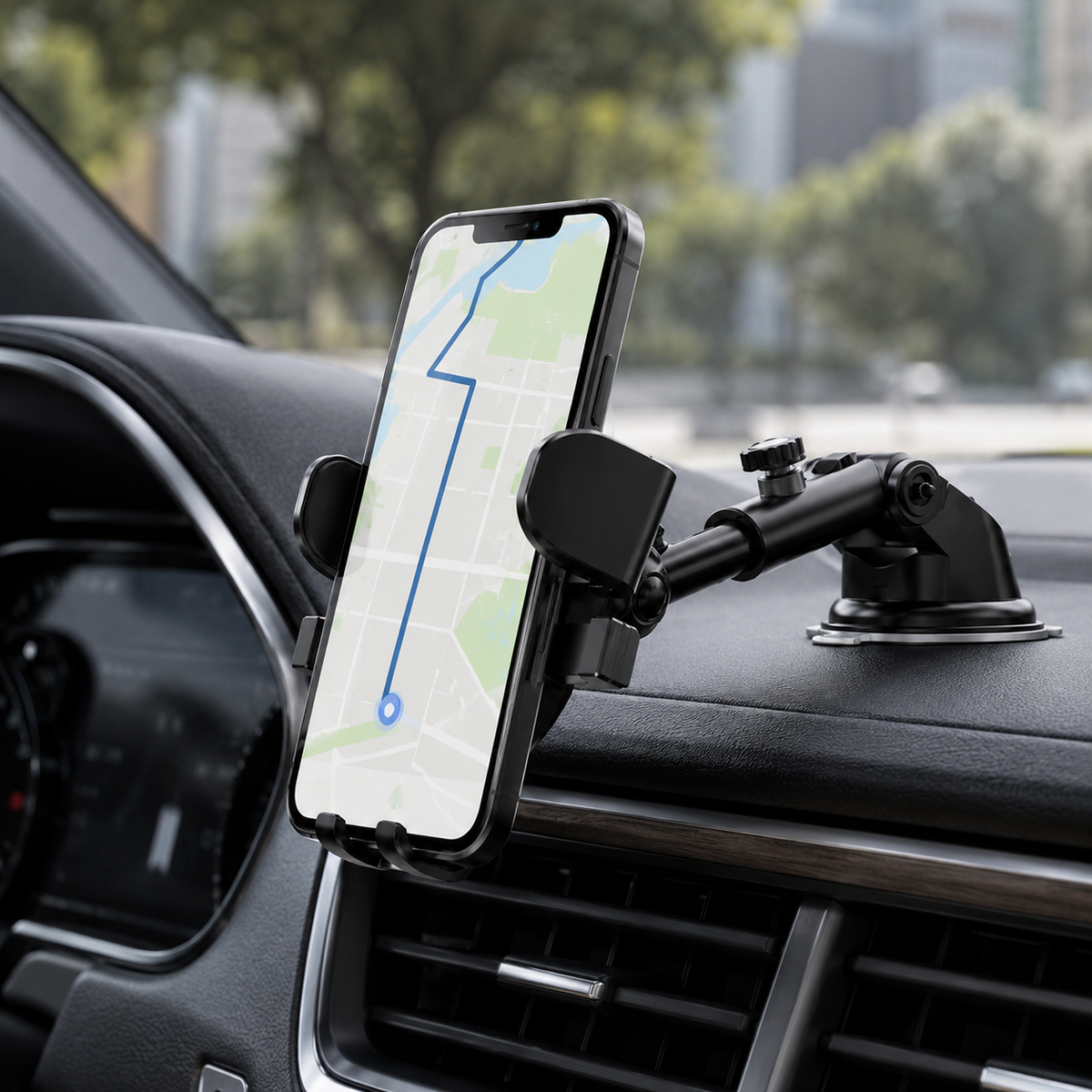 Premium Suction Cup Car Phone Holder Windshield Dashboard Mount 360 Rotating Gravity Lock GPS Stand Adjustable Telescopic Arm Compatible with iPhone